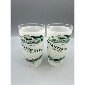 Vintage Hazel Atlas Atlantic City New Jersey Souvenir Glass Frosted White Green